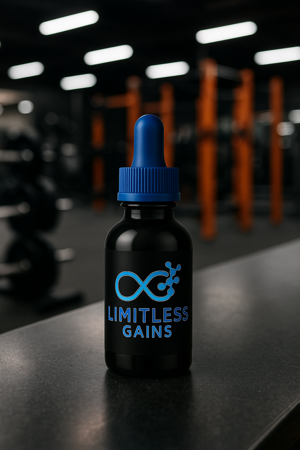 A black dropper bottle on a polished black countertop, displaying a blue logo with the words "Limitless Gains". The dark b...