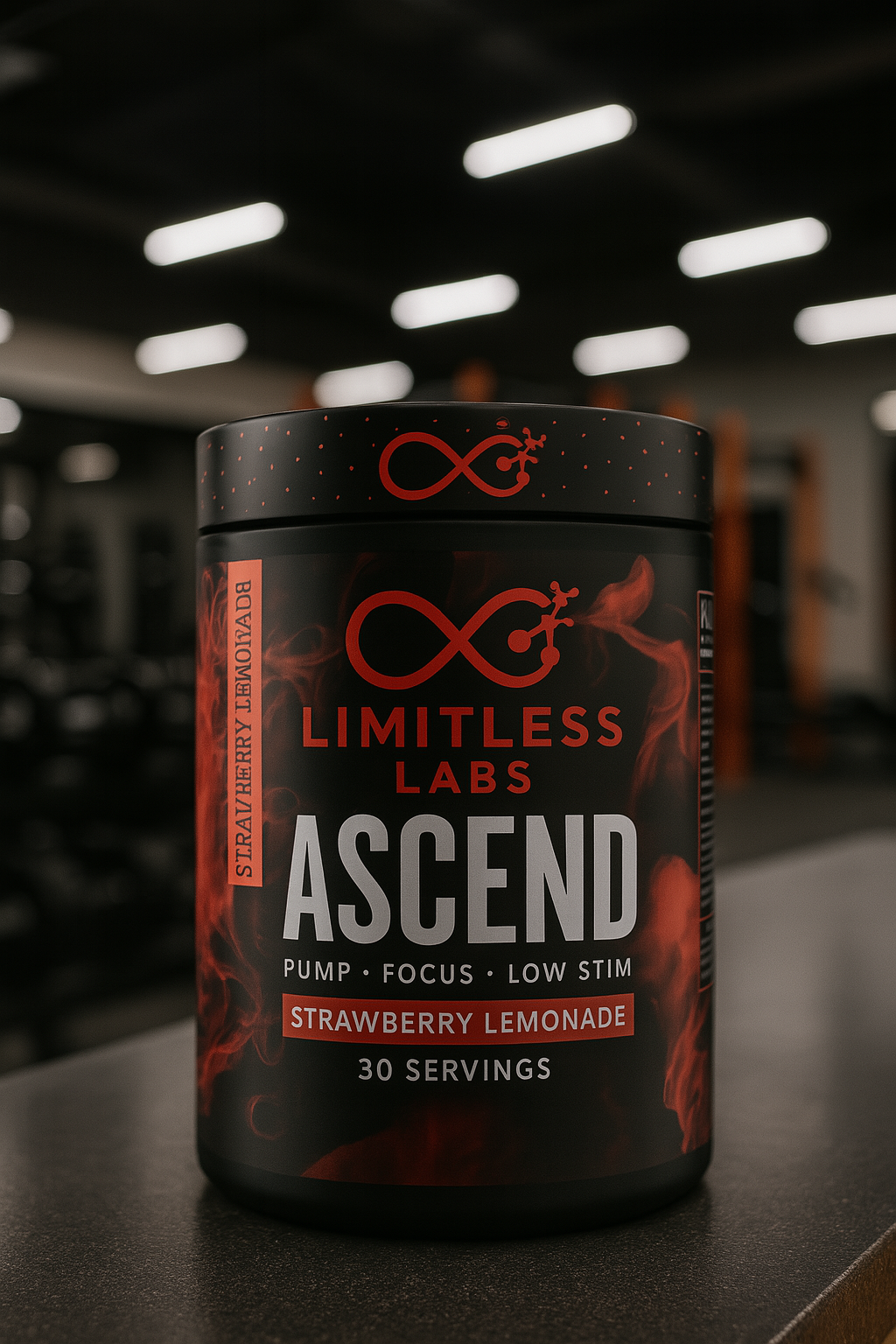 The image depicts a black and orange container of Limitless Labs "Ascend" pre-workout mix, with the brand and flavor name ...