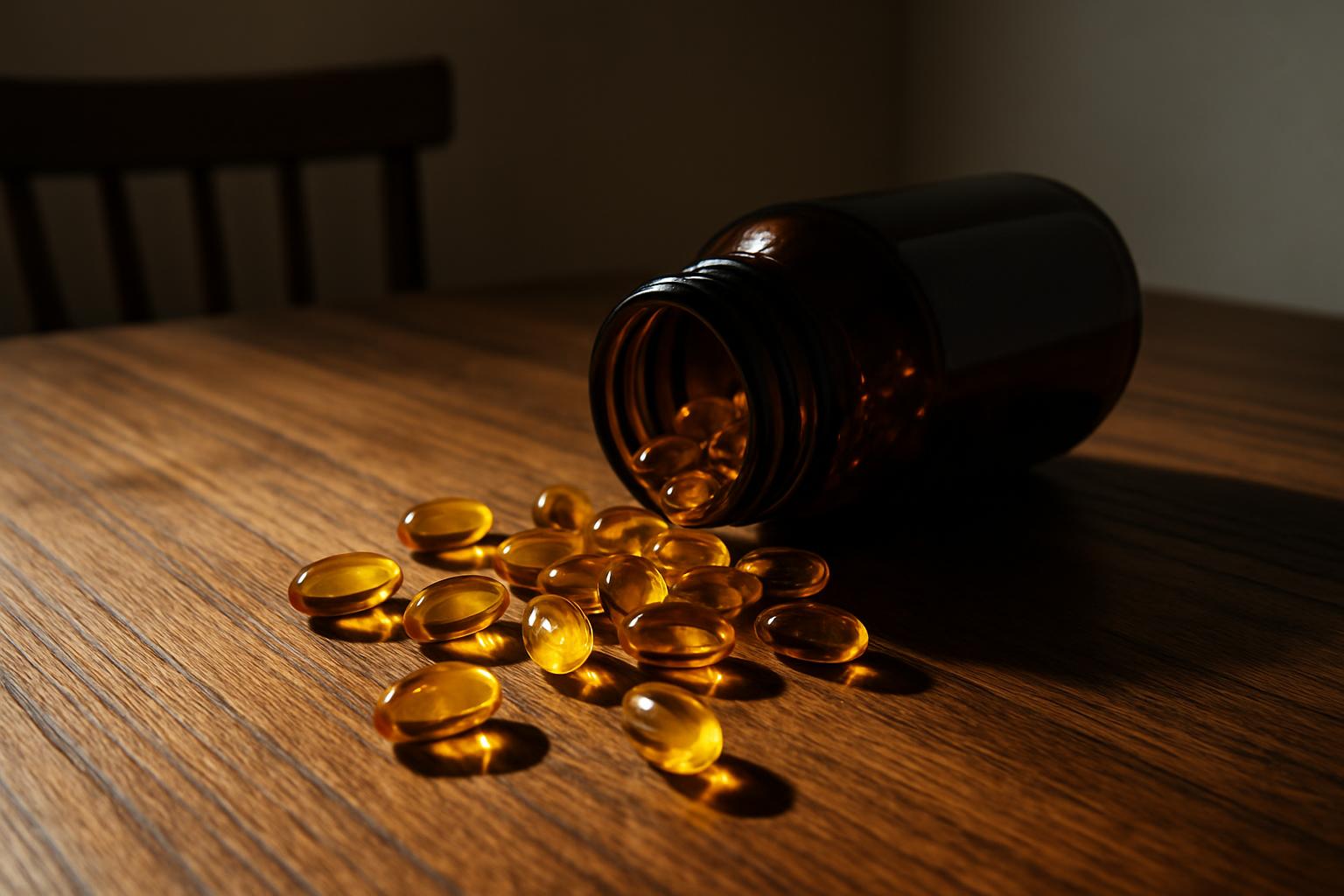 A photo of an amber bottle and small, translucent and orange plastic vials, which have fallen onto a brown wooden table.