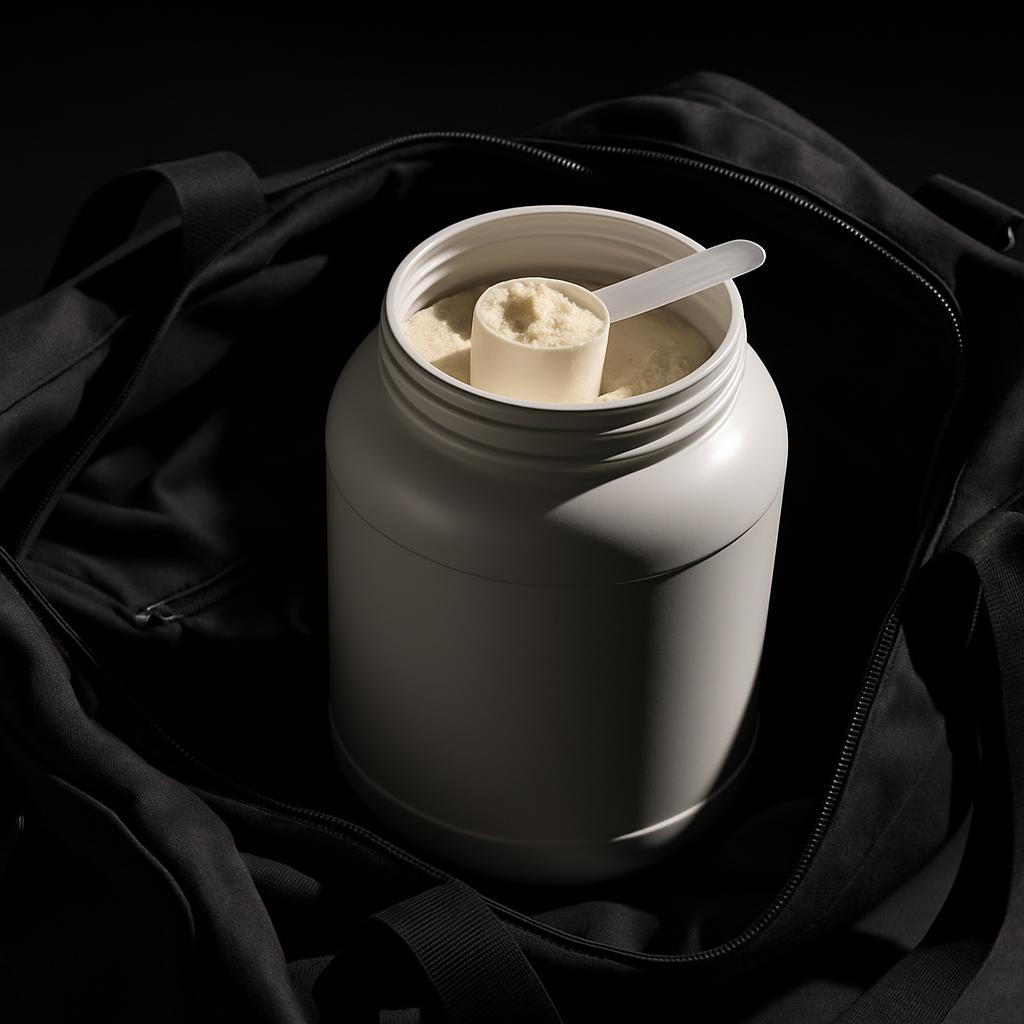 The alt text for this image is: A white plastic container with a scoop of protein powder inside, sitting in a black duffel...