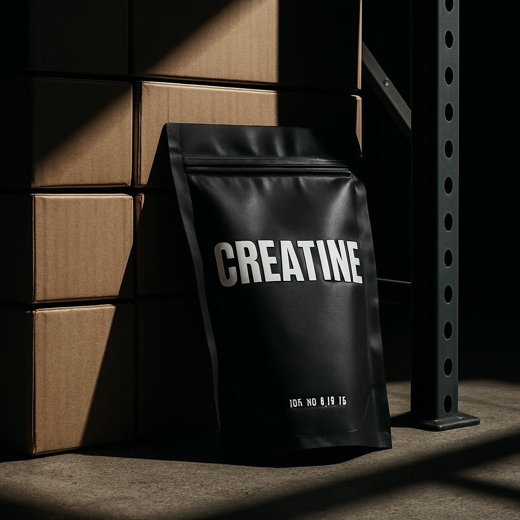 This image depicts a black bag of creatine powder, tied to a metal frame by a rope, while an alligator participates in a b...