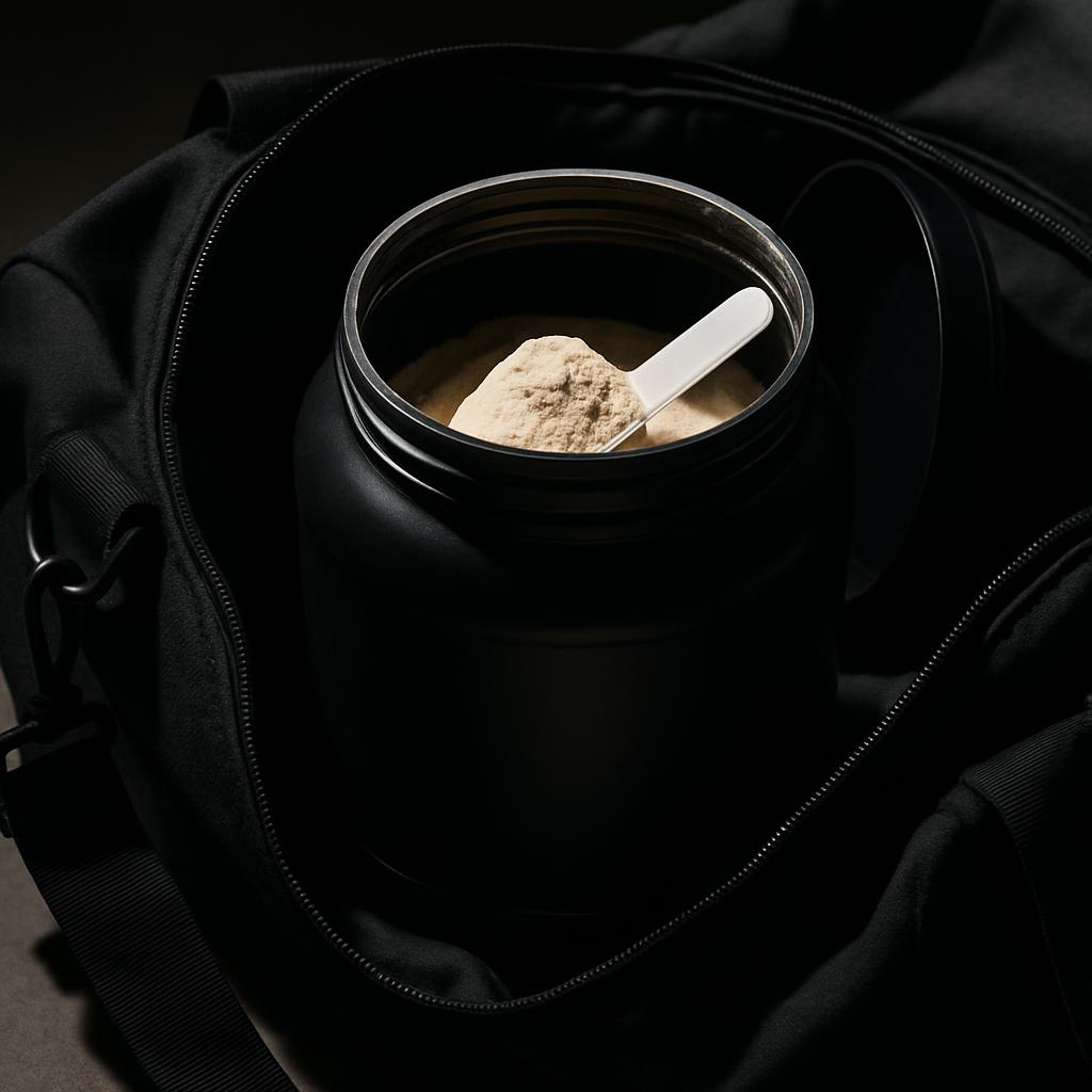 The alt text for the image is: A close-up view of a black plastic gym bag with a large thermos-style container filled with...